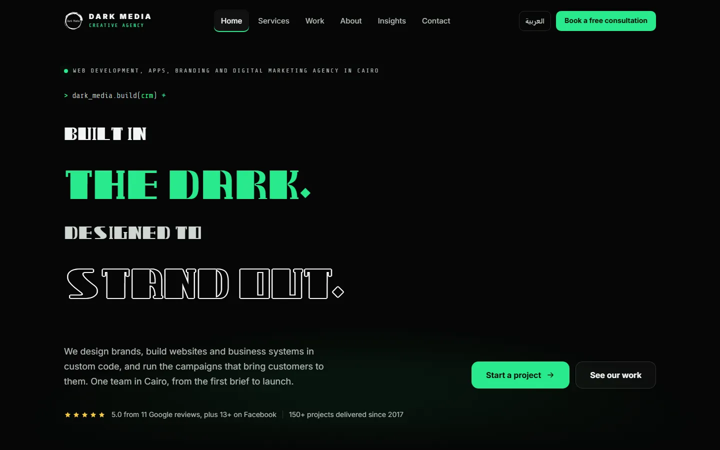 Minimal dark portfolio website homepage with a large headline, a short intro and two buttons