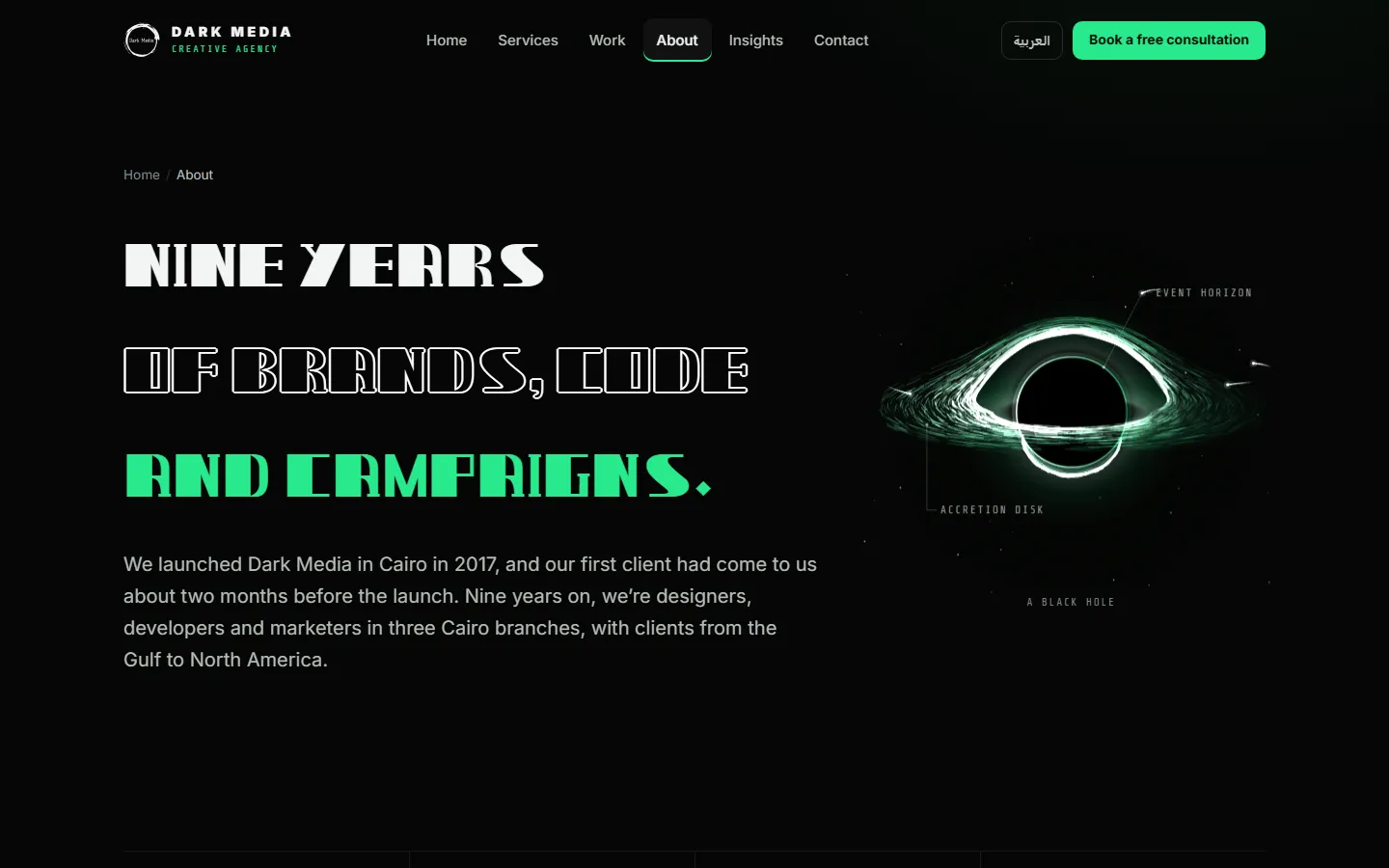 Portfolio about section with a minimal design: a large headline, a short history and one illustration