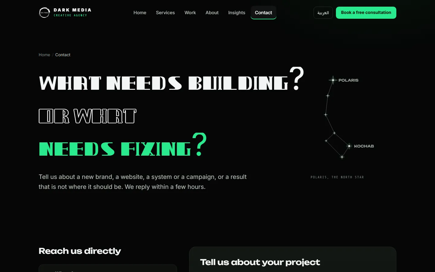 Minimal portfolio contact page with a short question as the headline and a project form