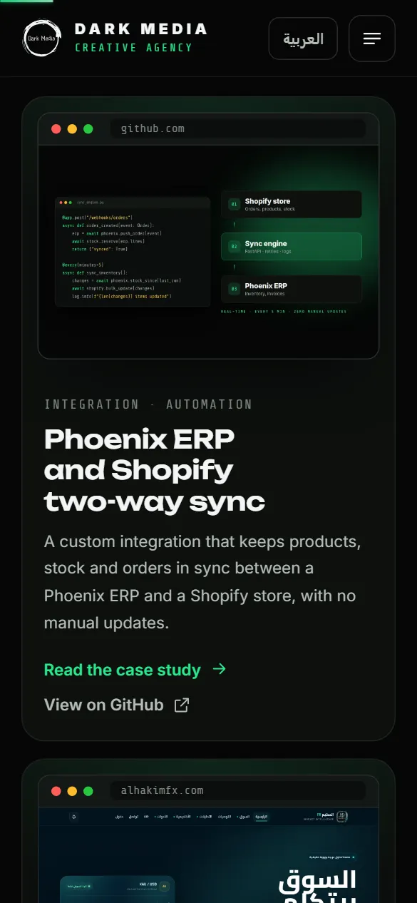 Minimal portfolio projects section on mobile, one project card per screen