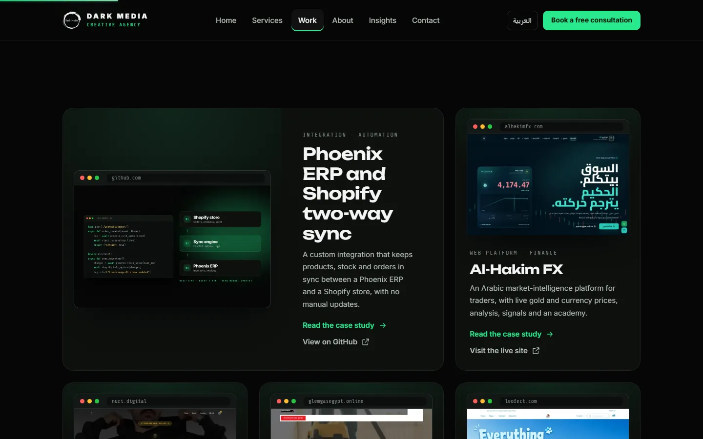 Minimal portfolio website projects section with large project previews, tags and case study links